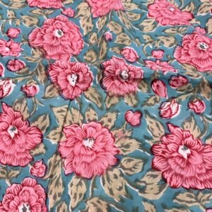 Pink Blooms on Blue Indian Block Print Cotton